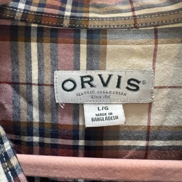 Orvis Casual Buttoned Down Shirt Cream Red Blue Plaid Size L - Picture 2 of 5